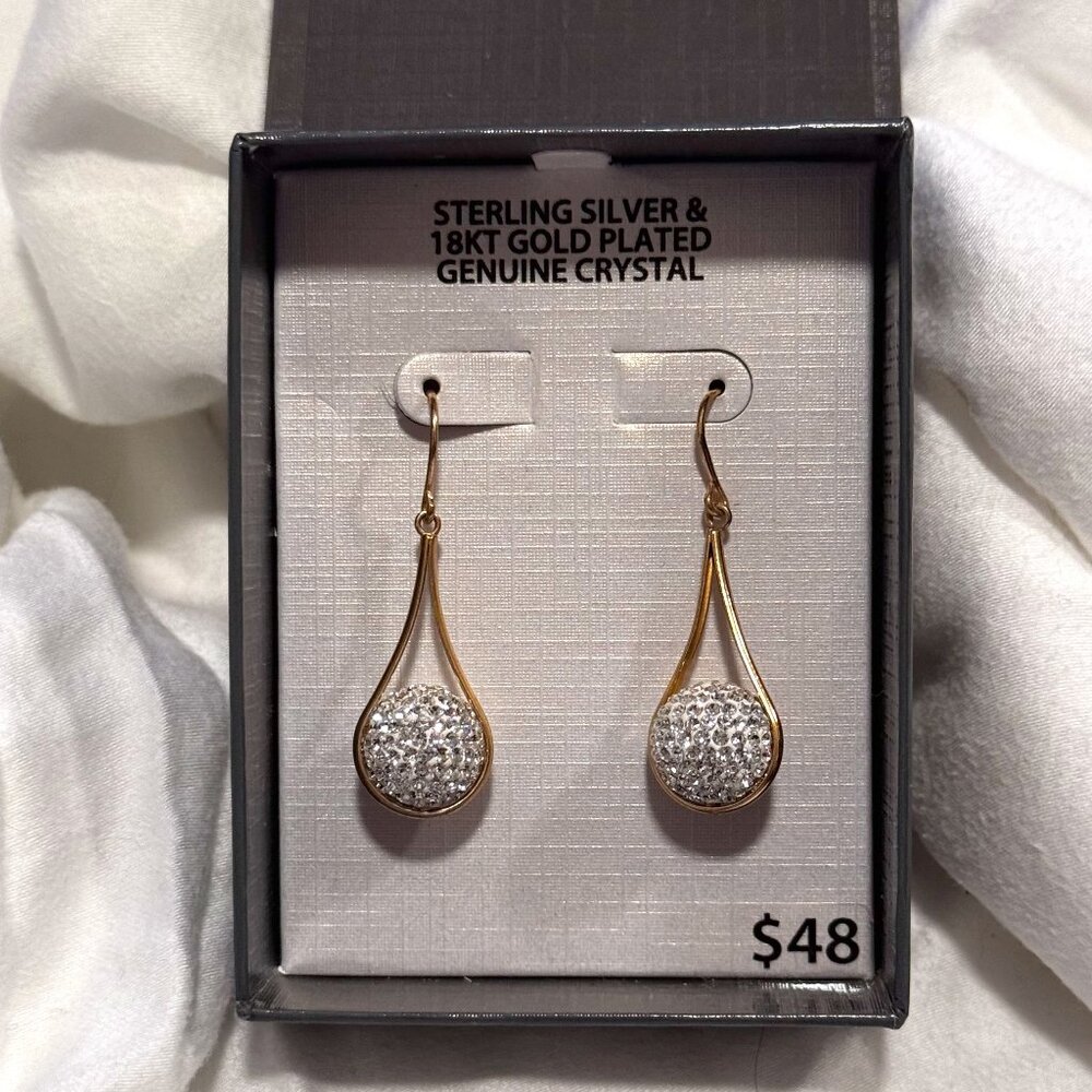 Sterling Silver 18KT Gold Plated Genuine Crystal Drop Earrings